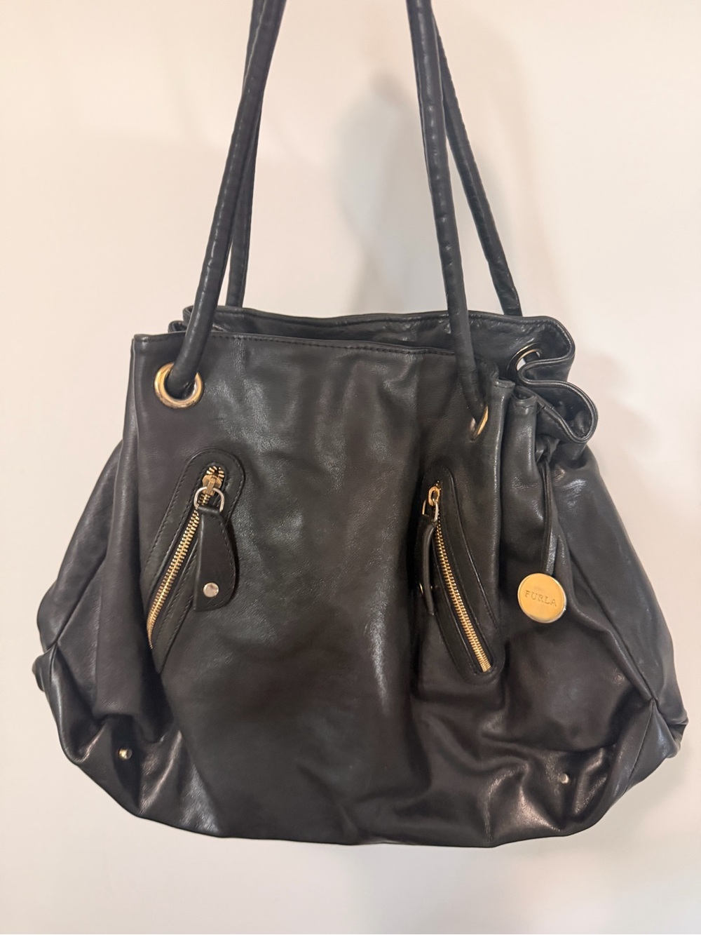 Furla Black Leather Shoulder Tote with Gold Accents